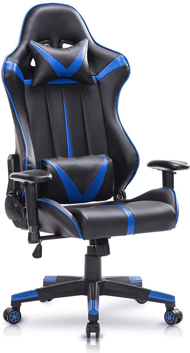 Happyment Gamestoel Moskou - Stof - Met rugleuning en armleuning - In hoogte verstelbaar - Ergonomisch - Blauw/Zwart