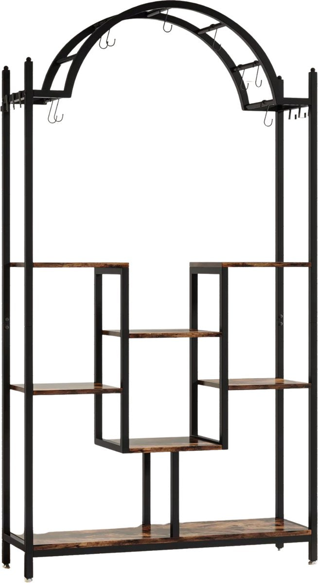 Plantenstandaard Vexal - 5 lagen - Gebogen Metalen Plantenrek - 190 cm hoog × 100 cm breed × 30 cm diep - Met Hangende Haken - Grote Bloemen