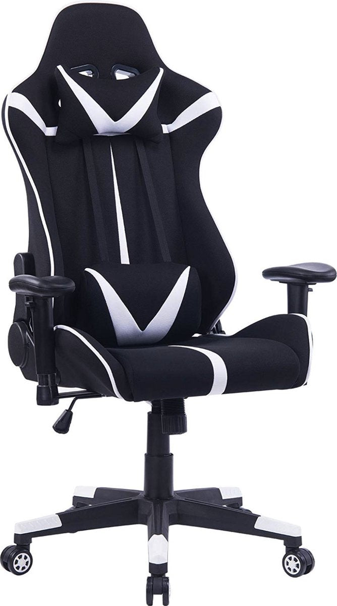 Happyment Gamestoel Sheffield - Stof - Met rugleuning en armleuning - In hoogte verstelbaar - Ergonomisch - Wit/Zwart