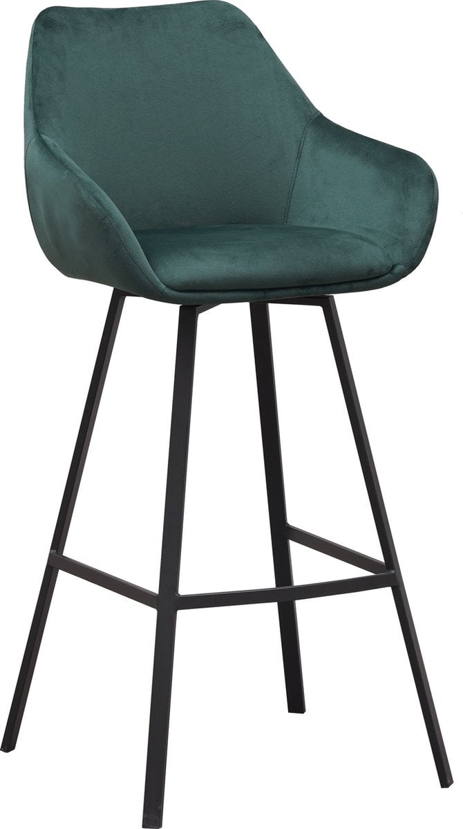 Happyment Barkruk Genino - Velvet donkergroen - Met rugleuning en armleuning - Voor Keuken en Bar - Voetsteun - Set van 1