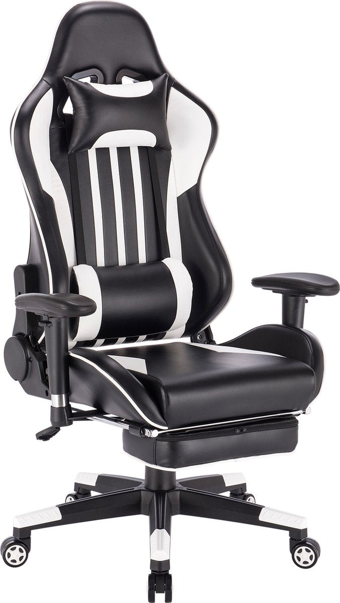 Luxe Gaming stoel - Met voetsteun - Witte Strepen - Gamestoel - Verstelbaar in hoogte - Chair - Ergonomische bureaustoel - Chair - Kunstleer