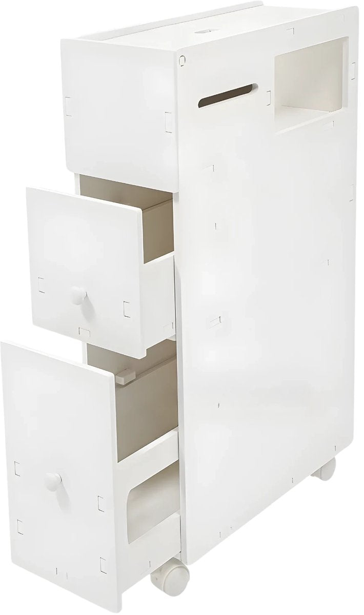 Badkamerkast - Opbergkast - Badkamermeubel - Voor smalle badkamers - Op wieltjes - Wit - 44*19,5*74 cm