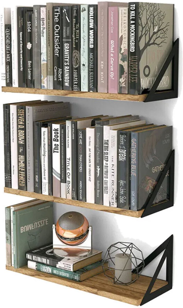 Happyment Wandplank zwevend set van 3 - Wandplanken tegen muur - Boekenplank - Bruin - Hout