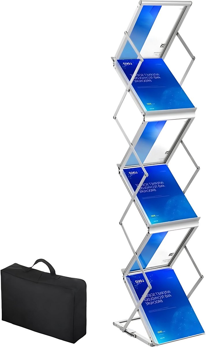 Opvouwbare Tijdschriftenrek - Zilver Aluminium - Tijdschriftenhouder - Lectuurbak - 26x36x152cm - 6 Vakken - Met Draagtas - Dubbelzijdig