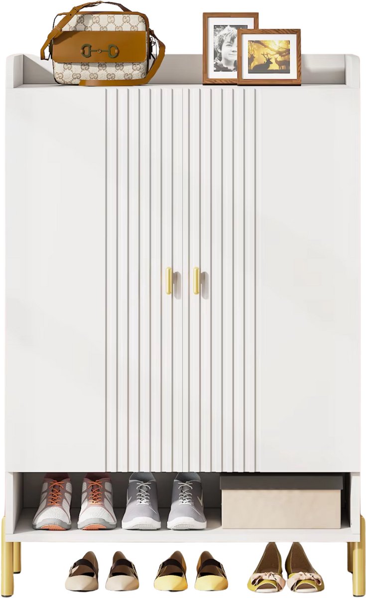 Schoenenkast Datino - Met deuren - Wit - Schoenenrek - 110cm - 6 laags - Houten opbergkast met kleppen