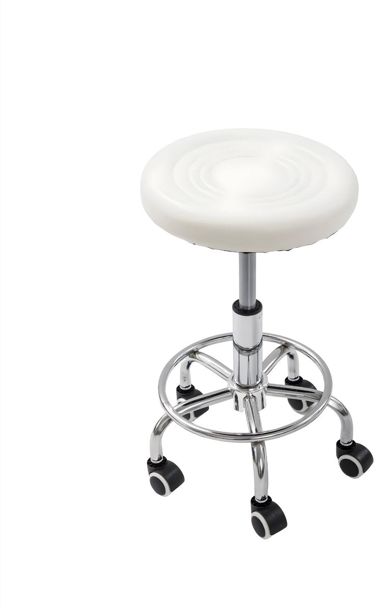 Draaikruk - Werkkruk - Kapperskruk - Tabouret - Voor Schoonheidssalons, Bars & Thuis - Met wieltjes - 150 kg Draagvermogen - Wit