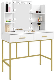 Bolt Edge Make-up Tafel - Wit/Goud - Inclusief spiegel met verlichting - 2 lades