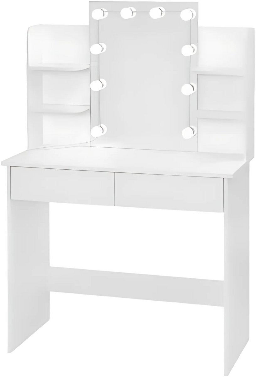 Kaptafel met LED Spiegel - Make-uptafel voor Slaapkamer - Met 2 Laden & 4 Opbergplanken - 90×40×125 cm