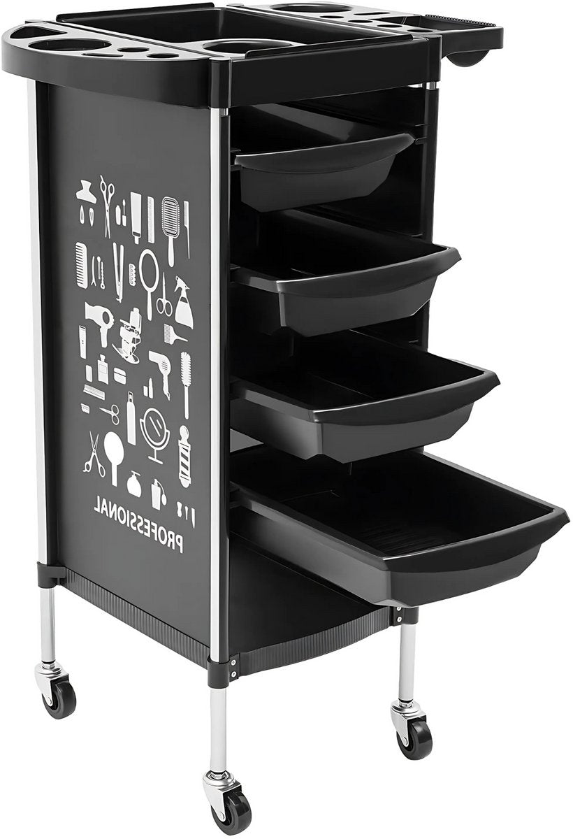 Kappers trolley Lucia - Met wielen - Zwart - Voor salons, spa’s en stylisten - Werkwagen