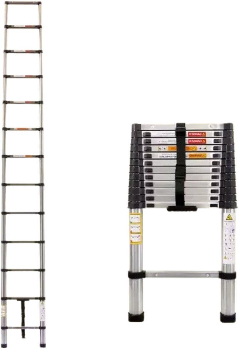 Telescopische Ladder Castellio - 380CM - Roestvrijstalen Vouwladder - Draagbare Uitschuifbare Loft Ladder - Max. Belasting 150kg/330lb - EN131