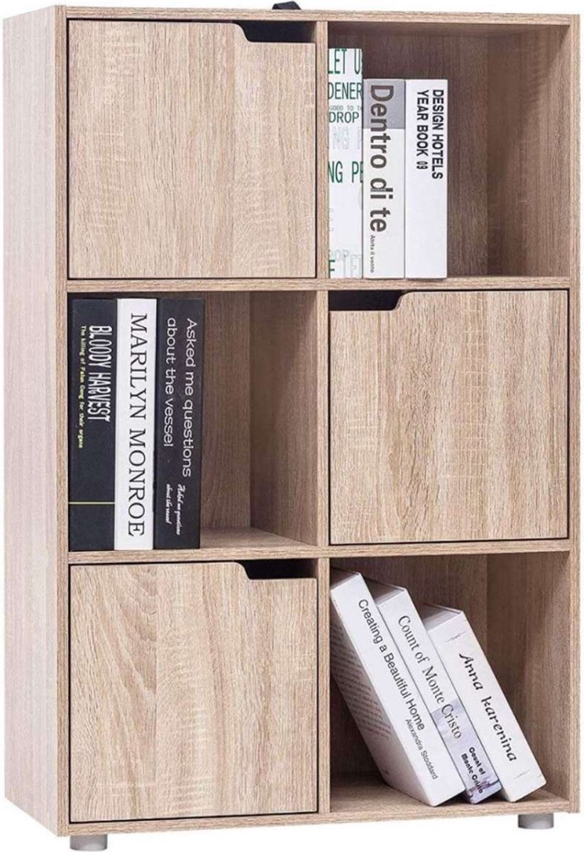 Happyment Boekenkast Jita - Industrieel - 6 Vakken - Oak - 3 Deuren - Boekenrek - Woonkamer, slaapkamer en kinderkamer - Hout