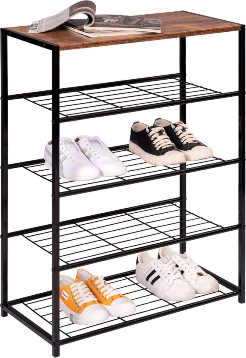 Happyment Schoenenrek Noda - 8 tot 12 paar - Schoenenbank vintage - Zwart - Voor slaapkamer of hal