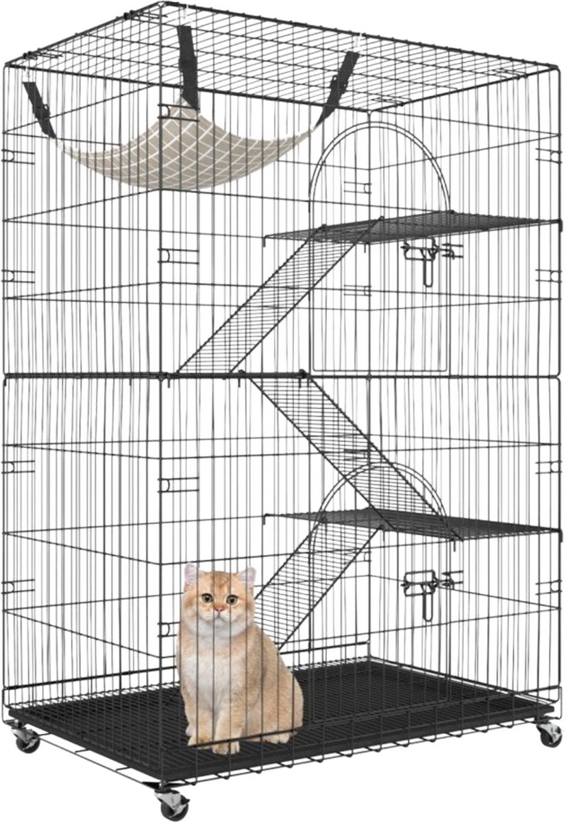 Kattenkooi - Metalen kattenbench kooi - 4 Niveaus - 3 Ladders - Voor binnen - 2 Deuren