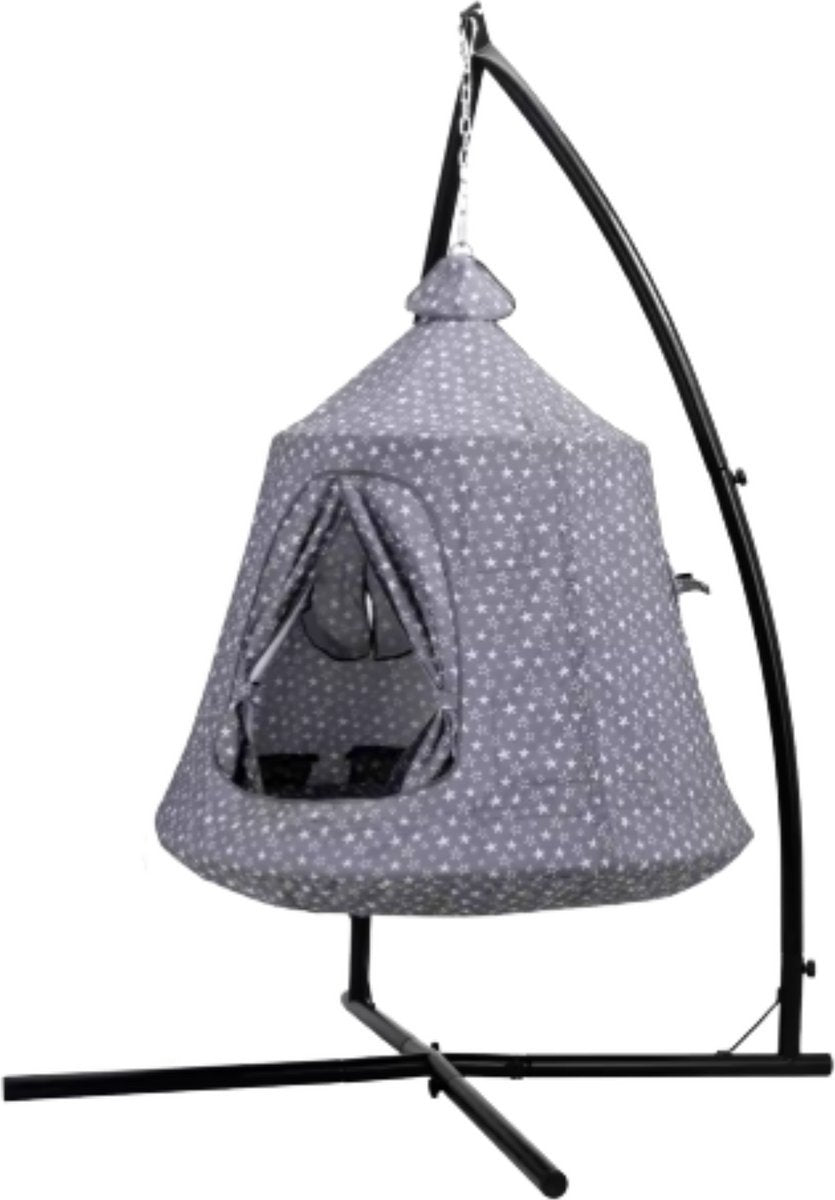 Egg hangstoel Tavien - Voor kinderen - Hangmat X-standaard - met Boomentent - Speeltent Binnen en Buiten - Egg chair cocoon - Metalen Schommelstoel - Grijs