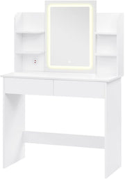 Witte Kaptafel met LED Spiegel - Verstelbare Helderheid & 2 USB Poorten - Moderne Make-up Tafel voor Slaapkamer
