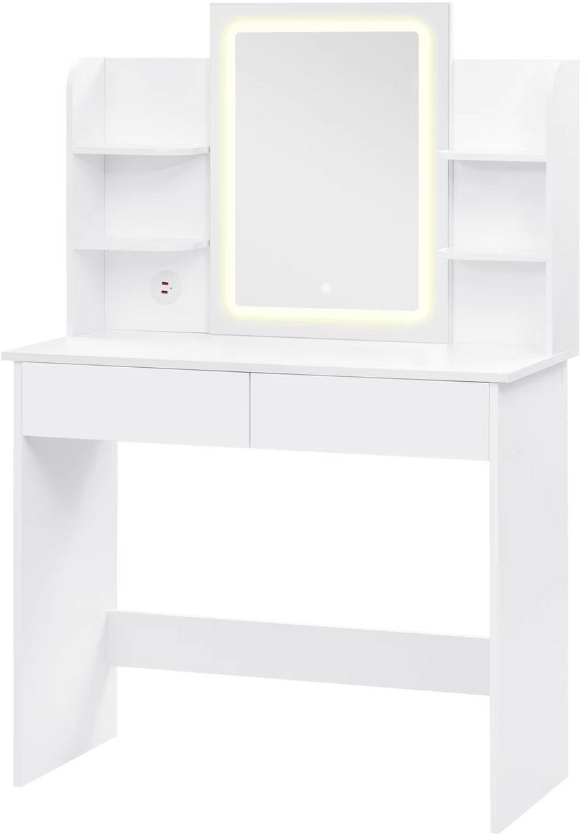 Witte Kaptafel met LED Spiegel - Verstelbare Helderheid & 2 USB Poorten - Moderne Make-up Tafel voor Slaapkamer