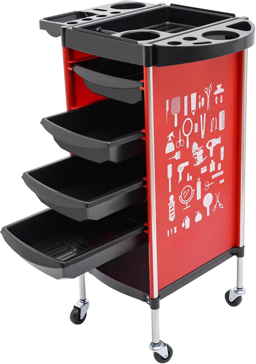Kappers trolley Vera - Met wielen - Rood - Voor salons, spa’s en stylisten - Werkwagen