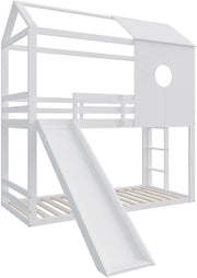 Luxe stapelbed voor kinderen - 90x200 cm - Kinderbedden - Hoogslaper - Met Hoektrap, valbeveiliging en raam - Peuterbed