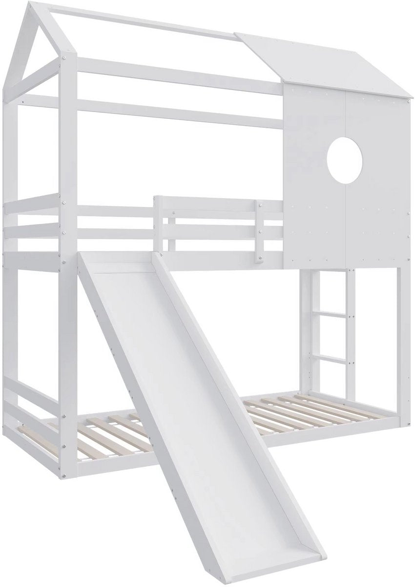 Luxe stapelbed voor kinderen - 90x200 cm - Kinderbedden - Hoogslaper - Met Hoektrap, valbeveiliging en raam - Peuterbed