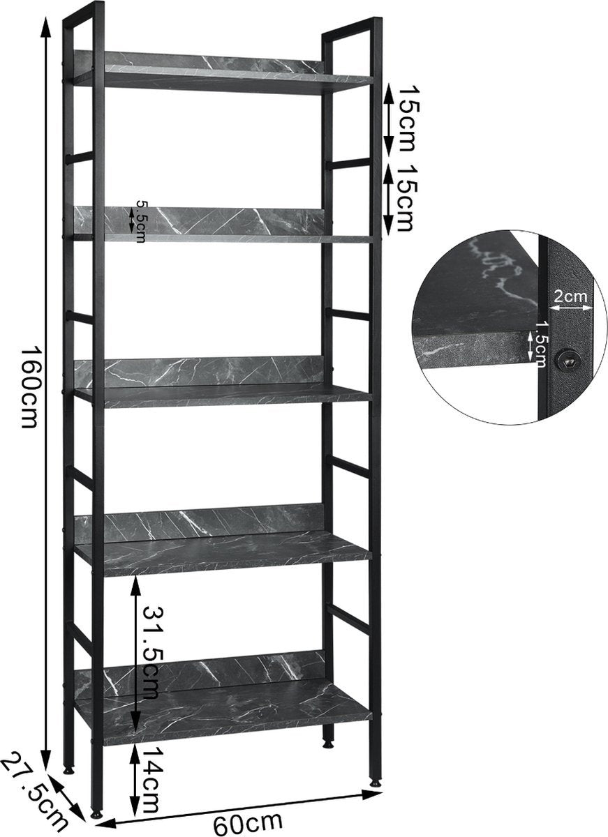 Bolt Edge Boekenkast - Industrieel - Zwart/Grijs - Marble look - 5 lagen - 60x27.5x160cm