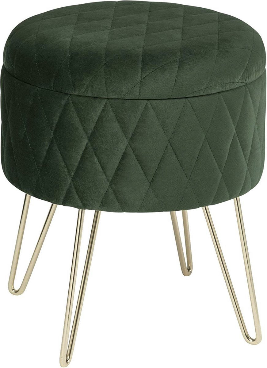 Happyment Poef deluxe - Met opbergruimte - Groen - Voetenbank met opbergruimte - Opbergbox hocker - Zitkist met deskel - Rond - Velvet - 31.5x31.5x36cm