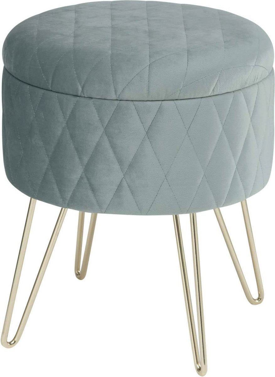 Happyment Poef deluxe - Voetenbank met opbergruimte - Turquoise - Opbergbox hocker - Zitkist met deskel - Velvet - 31.5x31.5x36cm