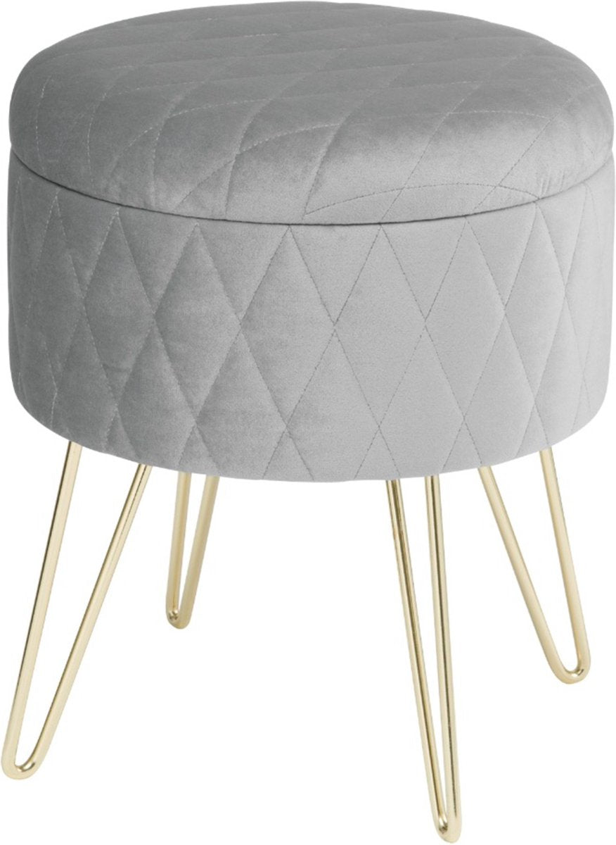 Happyment Luxe Poef Velvet - Grijs - Zitkist met deskel - Voetenbank met opbergruimte - Opbergbox hocker - 2in1