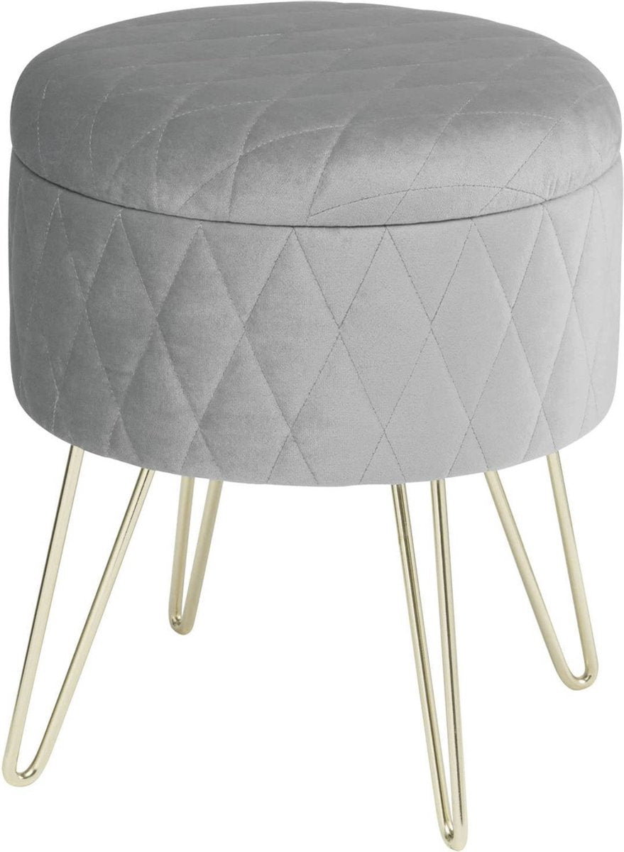 Happyment Poef deluxe - Voetenbank met opbergruimte - Lichtgrijs - Opbergbox hocker - Velvet - Zitkist met deskel - Lichtgrijs - 31.5x31.5x36cm