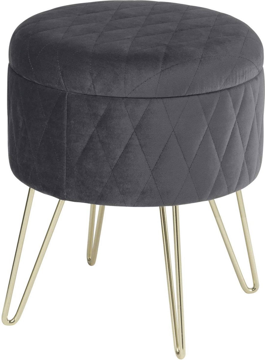 Happyment Poef deluxe - Voetenbank met opbergruimte - Donkergrijs - Opbergbox hocker - Zitkist met deskel - Velvet - 31.5x31.5x36cm