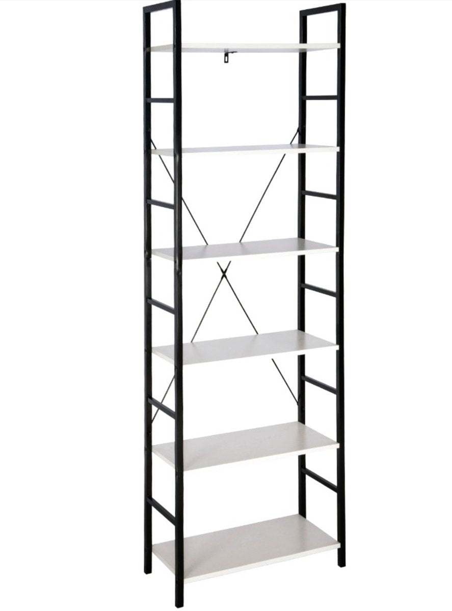 Boekenkast Zerry - Industrieel - 6 Lagen - Wit/Zwart - Boekenrek - Woonkamer, slaapkamer en kinderkamer - Hout/Metaal - 60x28x180cm