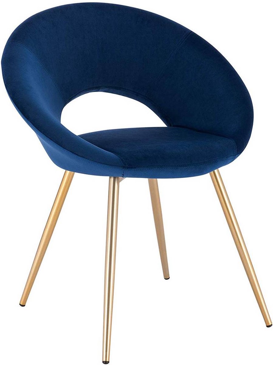 Luxe Velvet Stoel - Blauw - Eetkamerstoel - Met armleuning - Vergaderstoel - Gouden Metalen poten - Set van 1 - Zithoogte 47cm