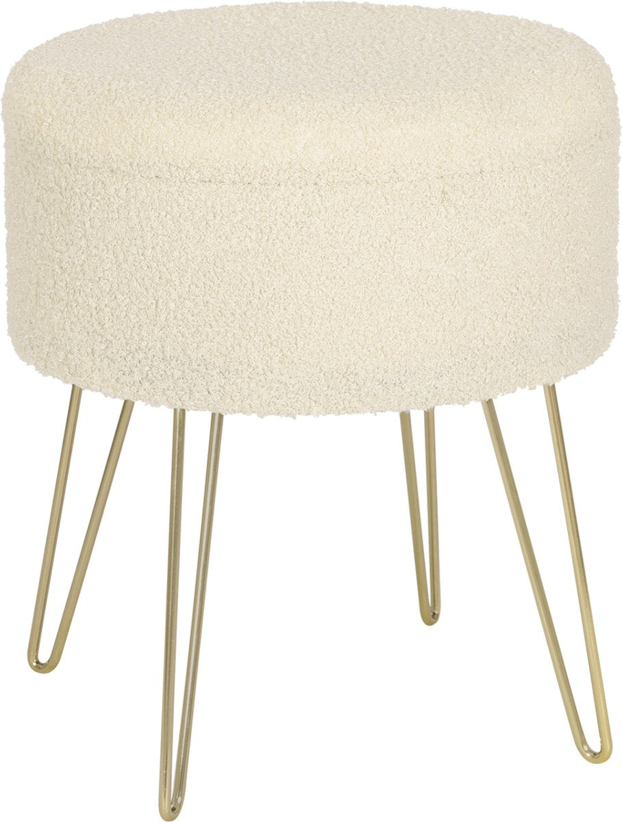 Luxe Poef Feri - Met opbergruimte - Rond - Voetenbank met opbergruimte - Opbergbox hocker - Zitkist met deskel - Beige - Teddy - 39x39x44 cm