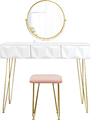 Luxiqo® Kaptafel - Make-Up Tafel - Kaptafel Set met Spiegel - 360° Draaibare Make-Up Spiegel - 3 Lades - Fluwelen Kruk - Wit/Grijs