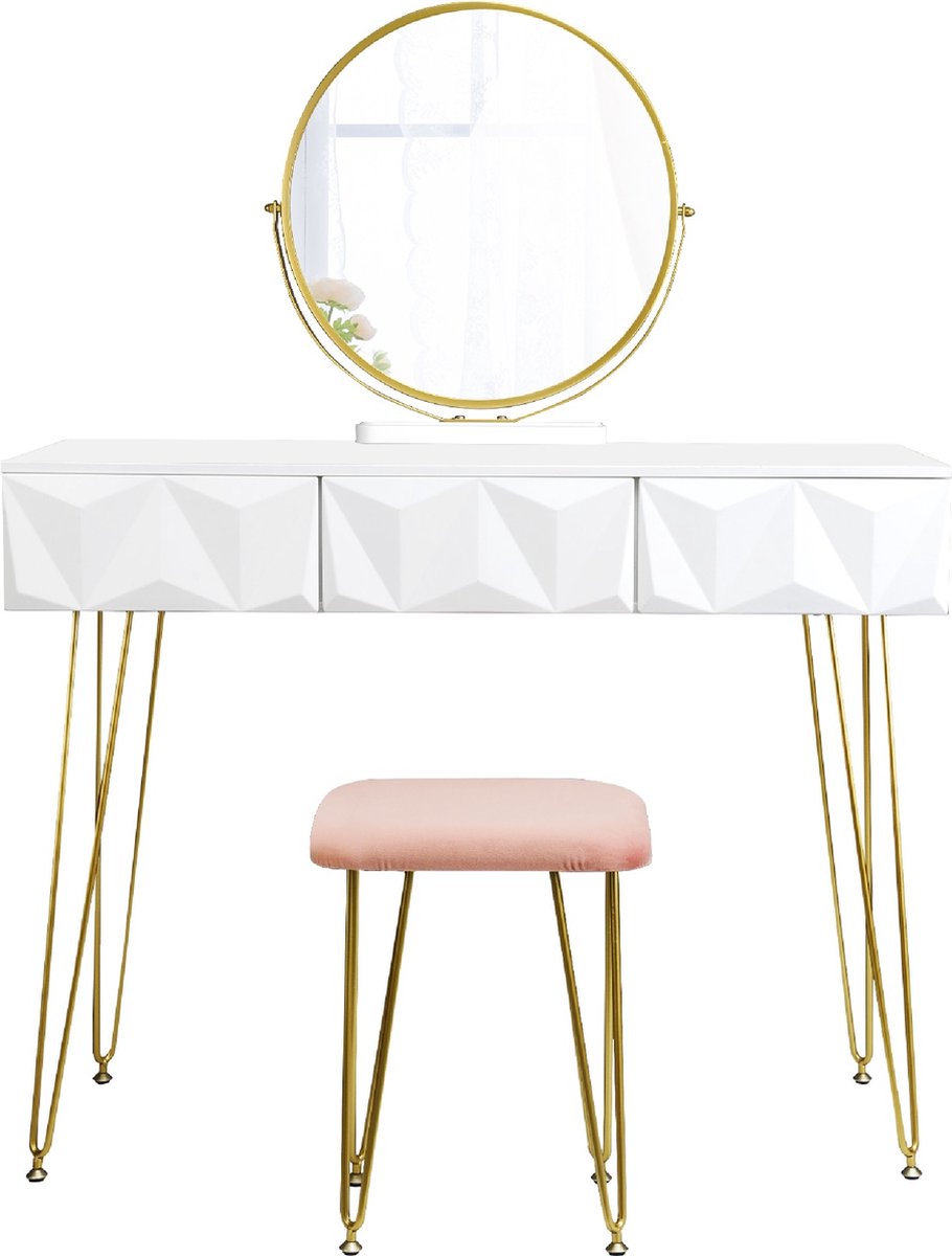 Luxiqo® Kaptafel - Make-Up Tafel - Kaptafel Set met Spiegel - 360° Draaibare Make-Up Spiegel - 3 Lades - Fluwelen Kruk - Wit/Grijs