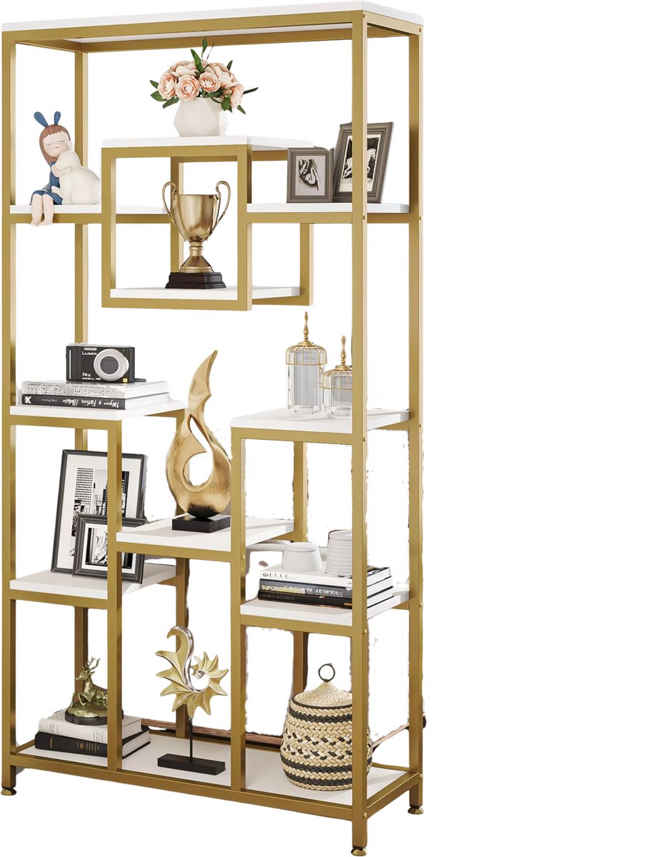Boekenkast Ceylix - 8 Lagen - Boekenrek - Moderne Opbergrek Metaal - Goud met Marmerlook - Woonkamer