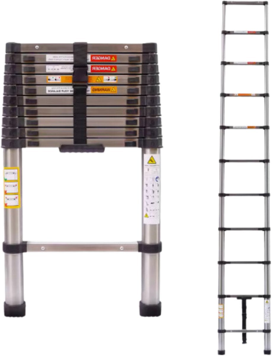Telescopische Ladder Vareo - 3,2m - Uitschuifbare Multifunctionele Roestvrijstalen Ladder - Draagbare Stevige Zolderladder met EN131-standaard