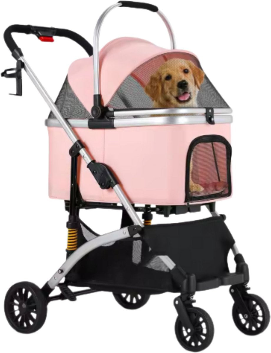 Hondenbuggy 2-in-1 - Inklapbare honden buddy - Hondenkar - Voor Honden en Katten - All terrain - 360° - Tot 40kg - Zilver/roze