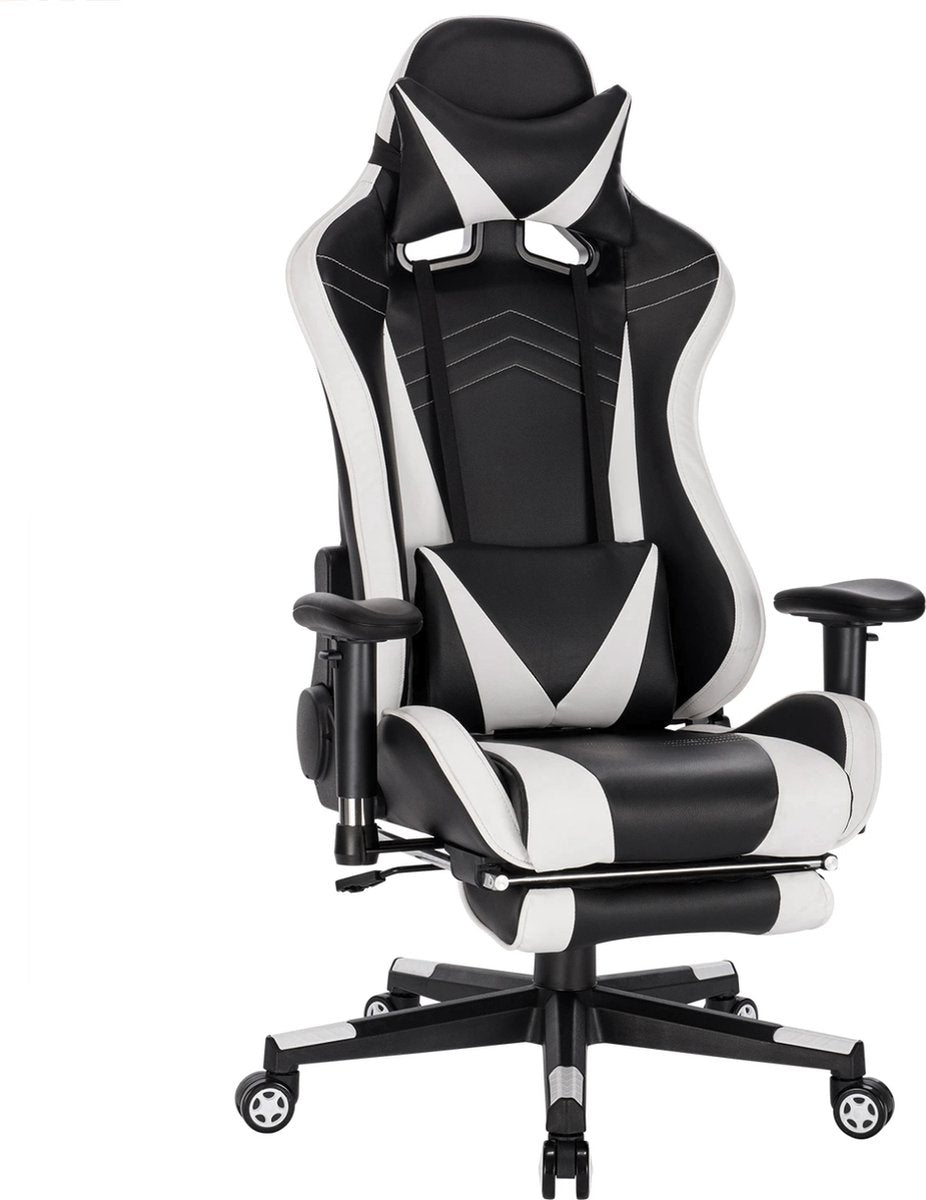 Luxe Gaming stoel - Wit - Met voetsteun - Gamestoel - Verstelbaar in hoogte - Chair - Ergonomische bureaustoel - Chair - Kunstleer
