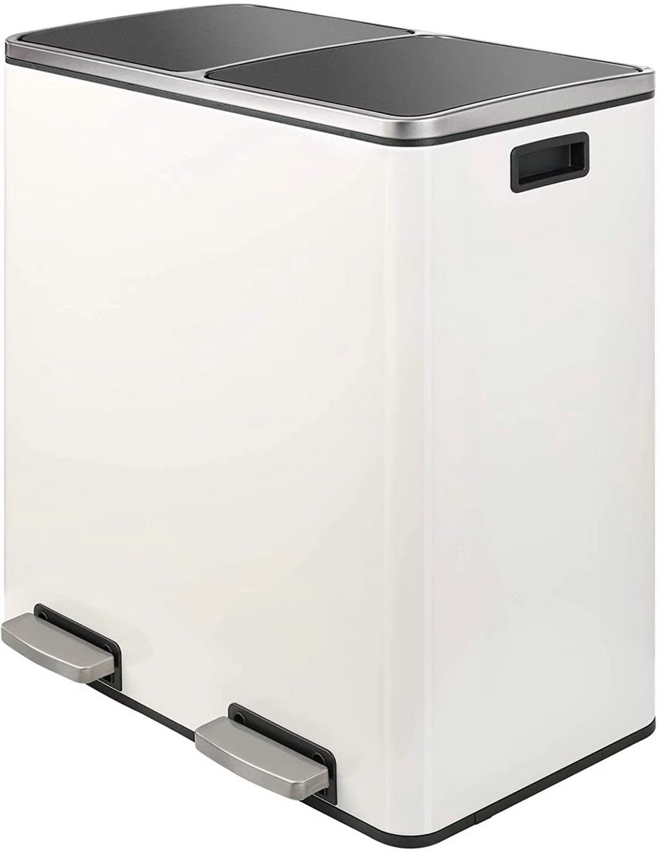 Pedaalemmer 2 vakken - 60L - Prullenbak - Afvalscheiding - RVS - Softclose - Anti-slip - Wit