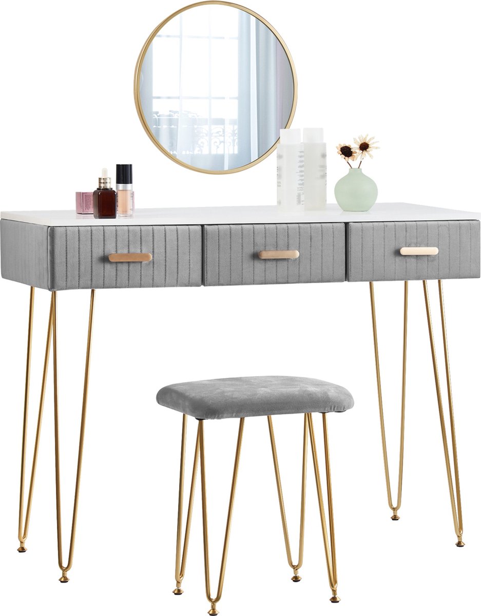 Happyment Kaptafel Deluxe - Inclusief spiegel en krukje - Grijs - Kinderen & volwassenen - Make up tafel voor meisjes - Black friday - Kerstcadeau