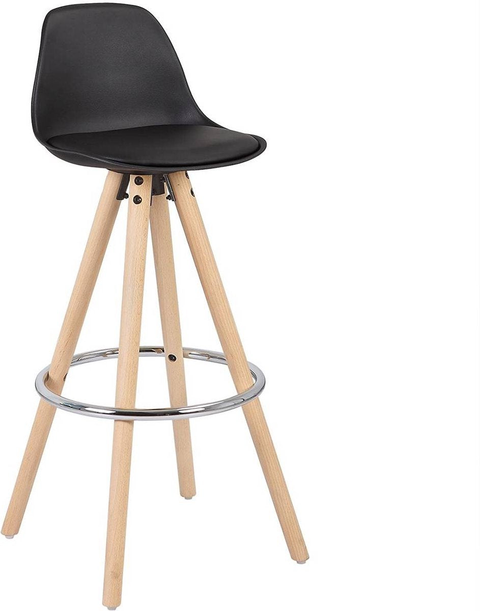 Hoge Barkruk Nevlo - Zithoogte 75cm - Zwart - Set van 1 - Keuken - Barstoelen - Met rugleuning - Kunstleer - Bruin frame