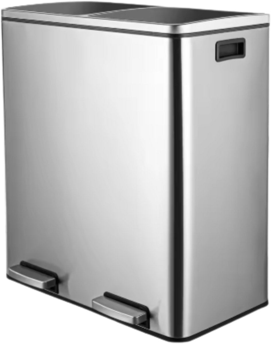 Pedaalemmer 2 vakken - 60L - Prullenbak - Afvalscheiding - RVS - Softclose - Anti-slip - Zilver