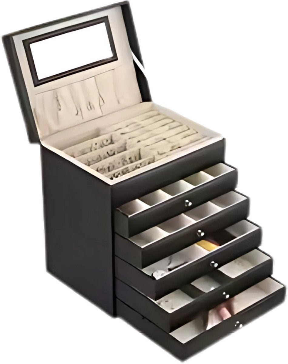 Sieradendoos Tavien - Juwelendoos - Sieradenhouder - Organizer - Juwelenkistje - Dames bijouteriedoos - Sieradenopslag met Lades voor Kettingen, Horloges, Ringen, Oorbellen en Armbanden - Zwart
