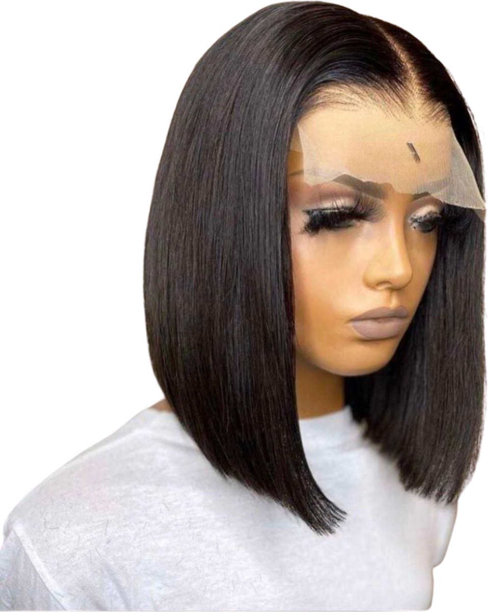Happyment Pruiken Dames - Echt haar kort - Wasbaar & Kambaar - Bruin - 25 cm
