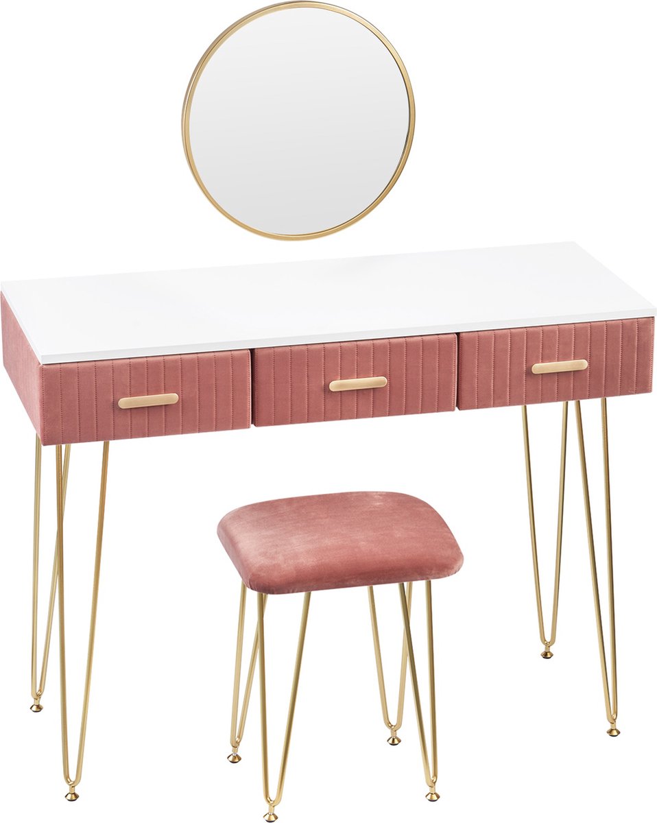 Happyment Kaptafel Deluxe - Inclusief spiegel en krukje - Roze - Kinderen & volwassenen - Make up tafel voor meisjes - Black friday - Kerstcadeau