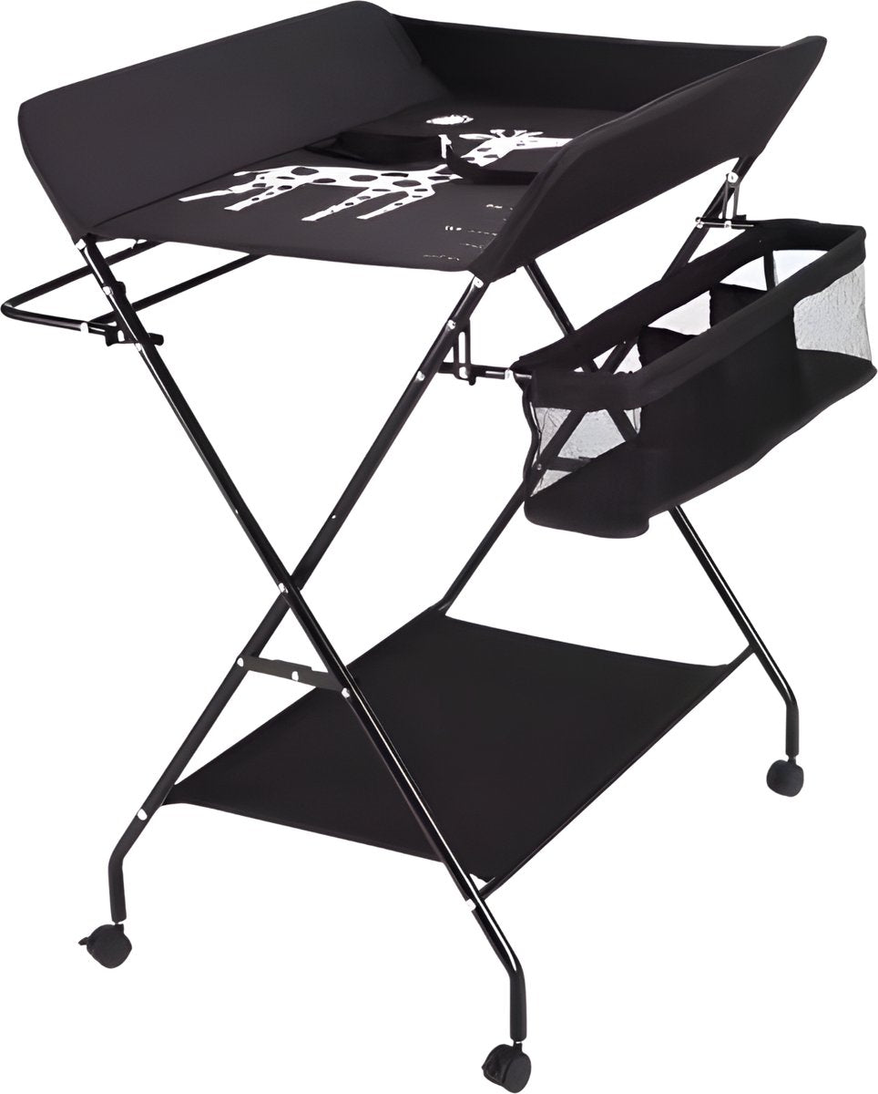 Babyverschoontafel – Verzorgingstafel - Opvouwbaar voor kinderkamer – Stabiel en veilig met opbergruimte – Max. draagvermogen 15 kg – Zwart - Met wielen