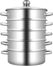 Stoompan - Stoomkoker - Stoommandje - Voor Gezond Koken in de Keuken - 5-Laags Multifunctionele Stoomboot - 24 cm met Glazen Deksel - RVS