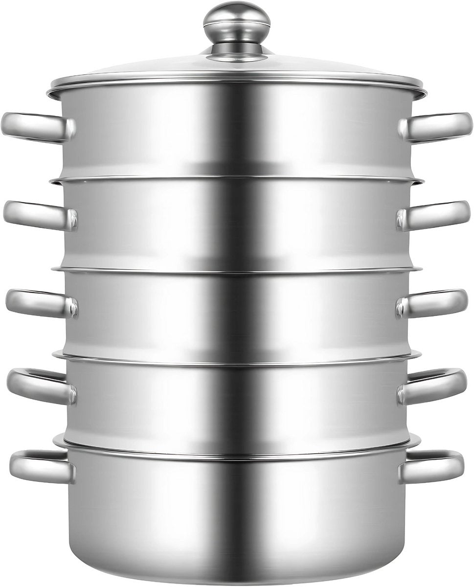 Stoompan - Stoomkoker - Stoommandje - Voor Gezond Koken in de Keuken - 5-Laags Multifunctionele Stoomboot - 24 cm met Glazen Deksel - RVS