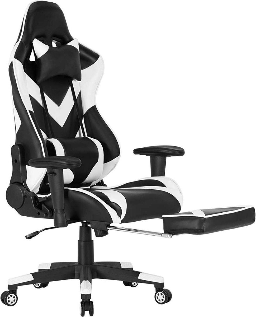 Luxe Gaming stoel - Met voetsteun - Wit - Gamestoel - Chair - Ergonomische bureaustoel - Verstelbaar - Chair - Kunstleer