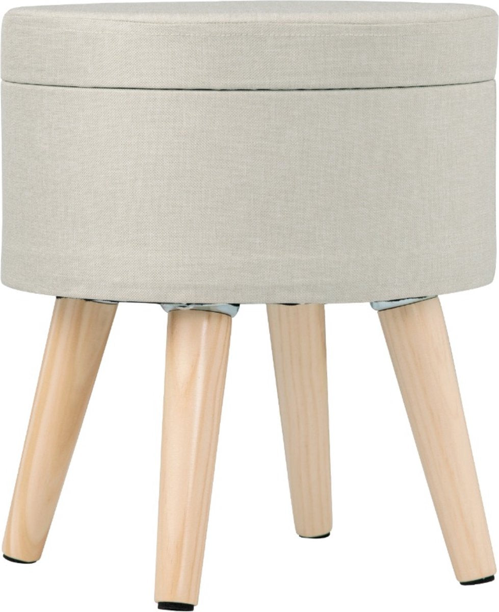 Happyment Poef Livi creme - Met opbergruimte - Opbergbank Poef - Voetenbank - Opbergbox hocker - Zitkist met deskel - Stof - 32 x 32 x 26cm